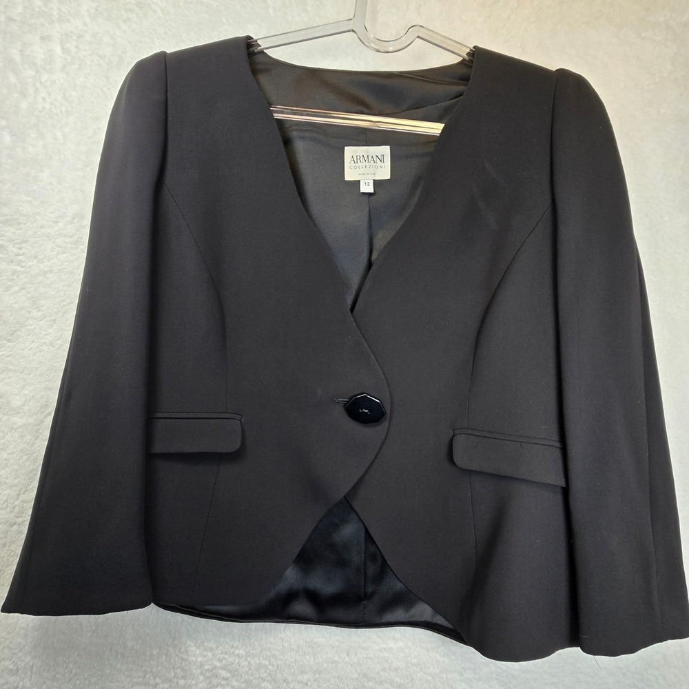 Armani Collezioni 100% Silk‎ Black V Neck Blazer Womens 12 Made in Italy Luxury